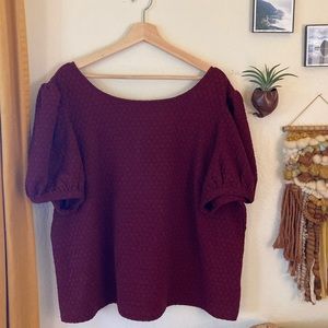 ANTHROPOLOGIE 2x Porridge Puff Sleeve Scoop back Burgundy Honeycomb Top NWT